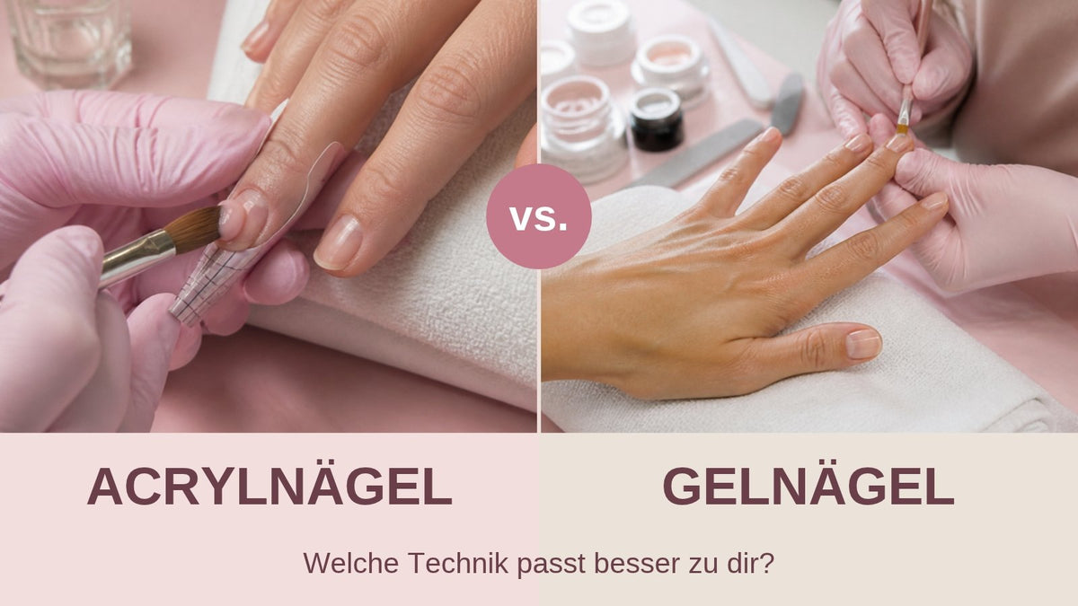 Acrylnägel oder Gelnägel im Vergleich: Acrylpinsel auf Schablone und Gelauftrag mit dem Gelpinsel im Nagelstudio