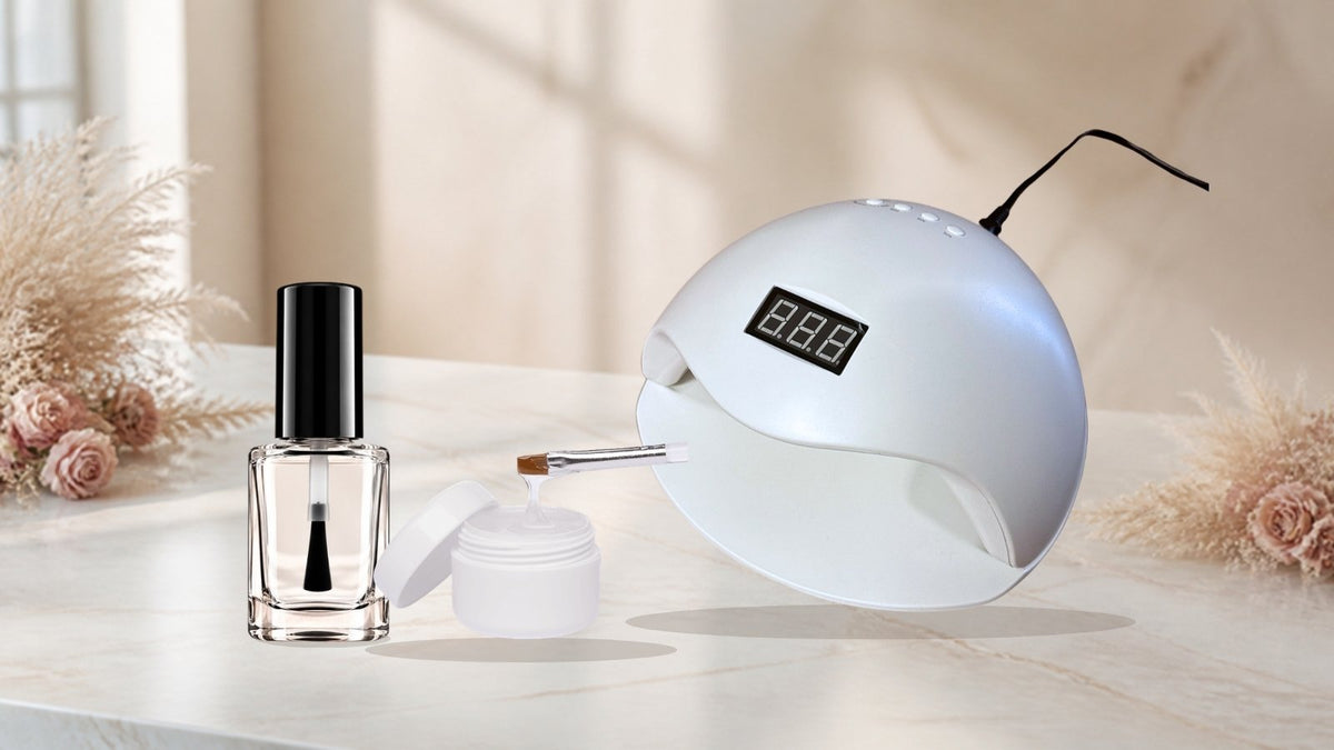 Gelnägel selber machen für Anfänger: BNC UV/LED 26 Watt Lampe, BNC Nail-Prep und BNC Professional Builder-Gel klar auf hellem Marmortisch