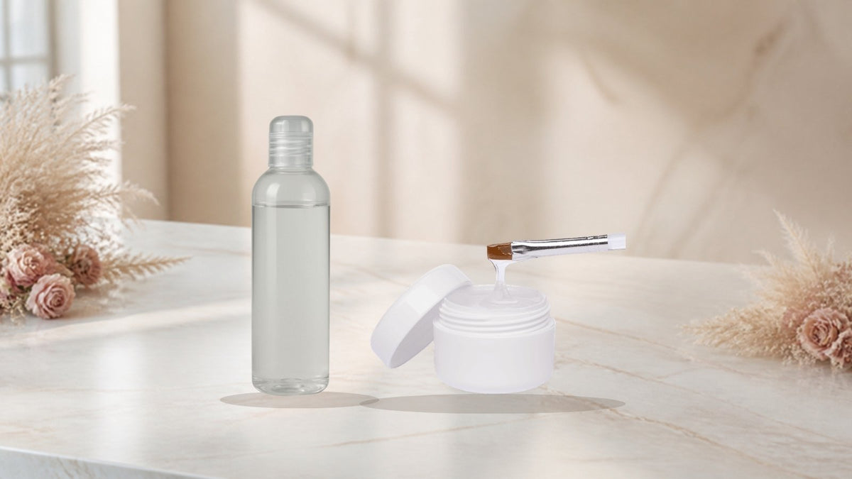 Acryl oder Gel: BNC Acryl Liquid Clear und BNC Professional Builder-Gel klar auf hellem Marmortisch im Nagelstudio