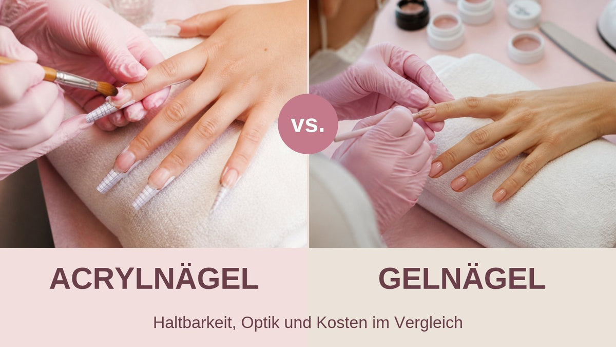 Acrylnägel oder Gelnägel im Vergleich: Acrylpinsel auf Schablone und Gelauftrag mit dem Gelpinsel im Nagelstudio