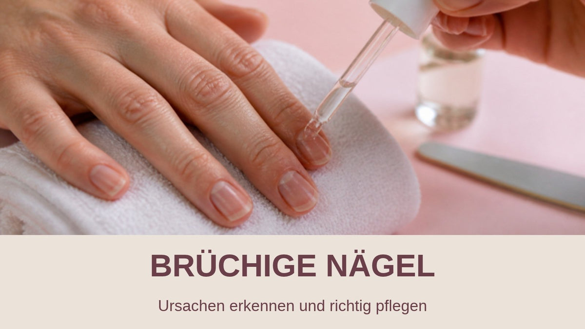 Brüchige Nägel pflegen: Nagelöl wird mit Pipette auf die Nagelhaut einer Hand auf weißem Handtuch getropft
