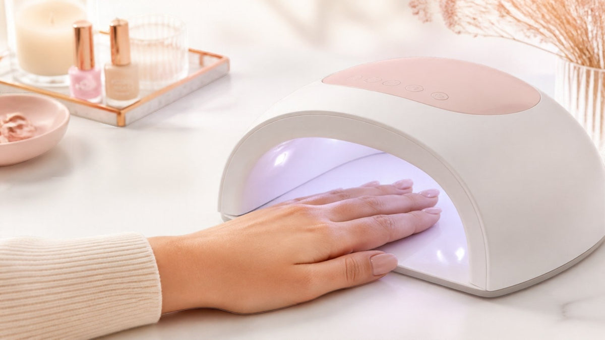 Moderne weiß-rosa UV/LED Nagellampe mit Hand und frisch gestylten Gelnägeln beim Aushärten