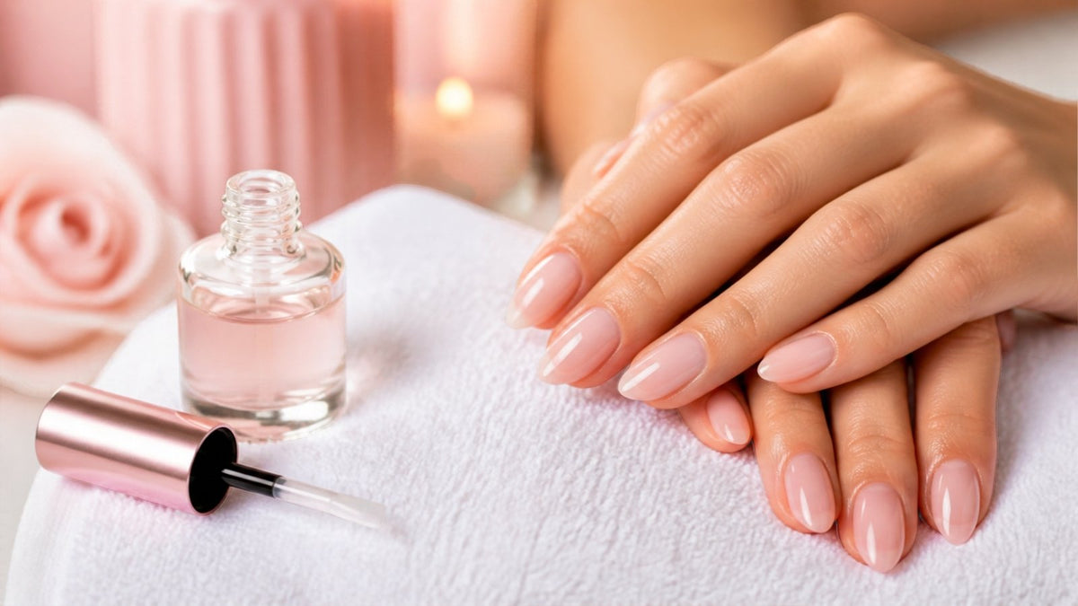 Natürliche Builder-Gel-Nägel (BIAB) in Nude-Rosa auf weißem Handtuch