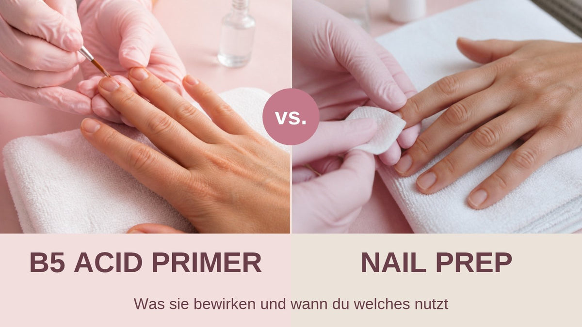 Unterschied B5 Acid Primer und Nail Prep: Nageldesignerin tupft Primer auf und entfettet den Naturnagel mit Zellette