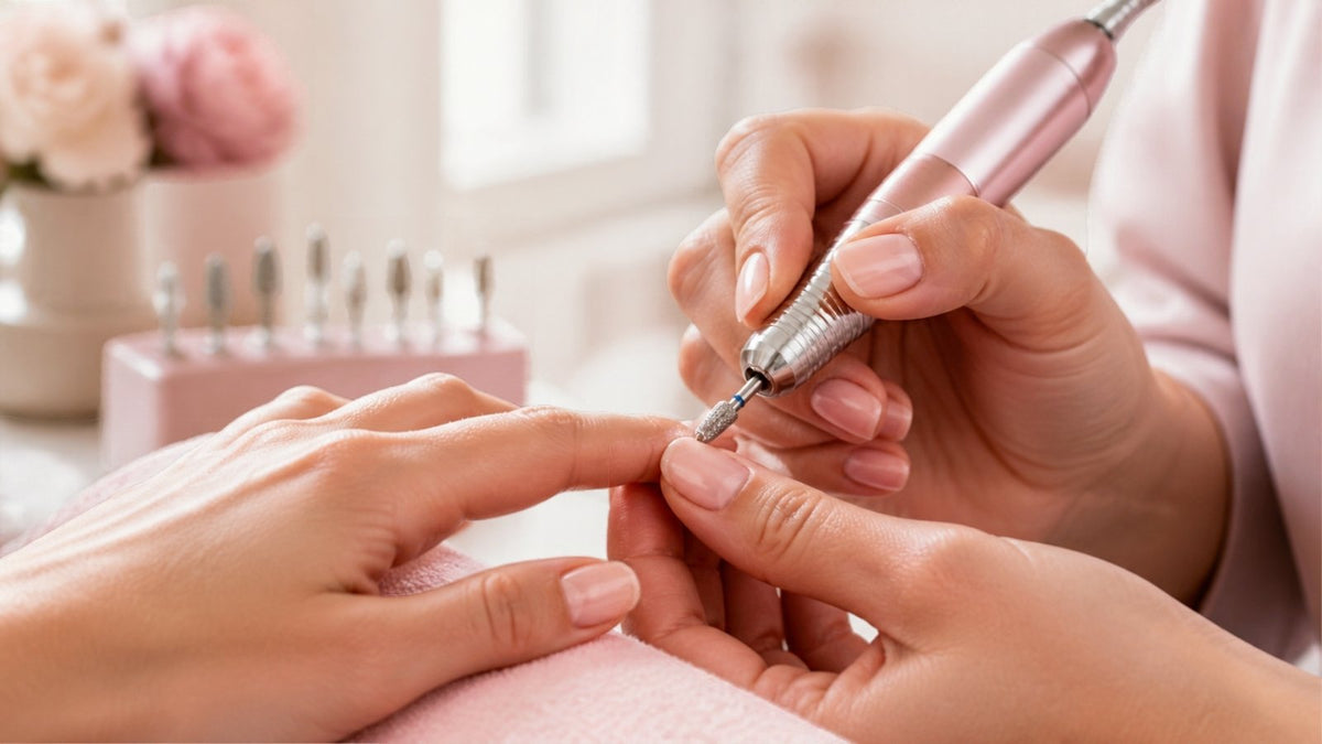 Nageldesignerin arbeitet im hellen Nagelstudio mit Nagelfräse und Fräser-Aufsatz am Nagel einer Kundin
