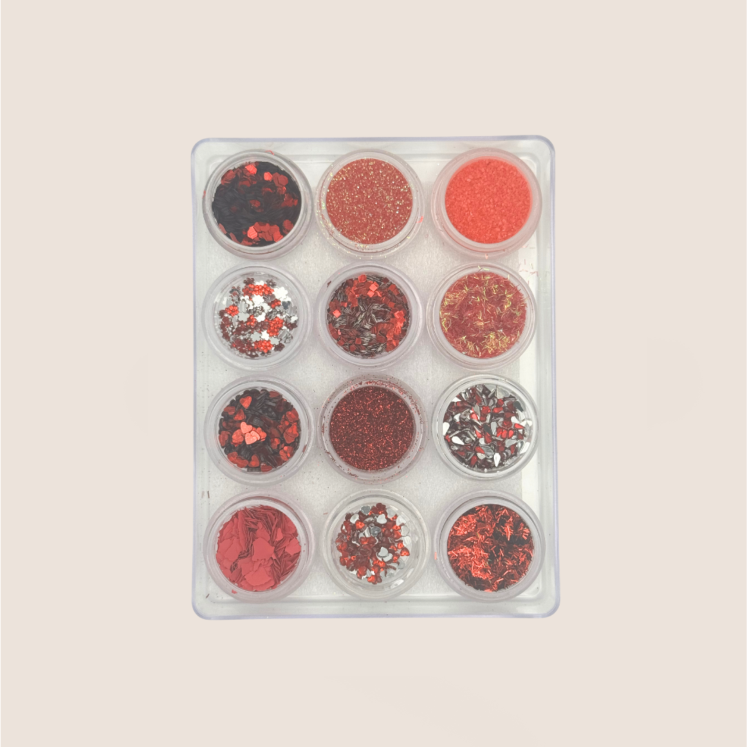 Accessoires für die Nägel / 12 Döschen Glitzer / Perlen/ Steinchen / Flitter / Brokaty / Set rot / Nr. 8