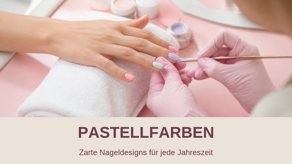Pastellfarben für Nägel: Nageldesignerin trägt Flieder-Gel auf, Nägel in Rosa, Mint und Pfirsich
