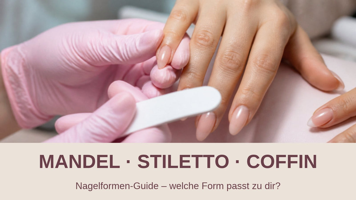 Nagelformen-Guide: Nageldesignerin mit rosa Handschuhen feilt Mandelnägel – Mandel, Stiletto, Coffin