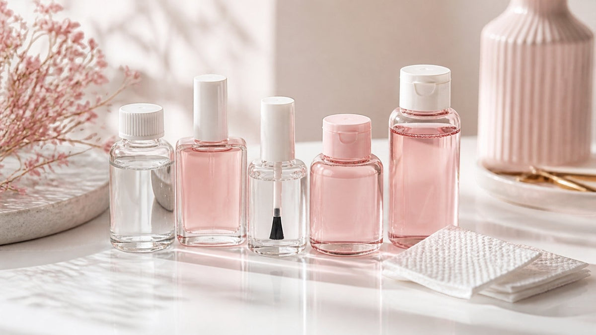Cleaner, Primer, Nail Prep und Remover für Gelnägel: Fläschchen mit klaren und rosa Flüssigkeiten und Zelletten auf hellem Nageltisch