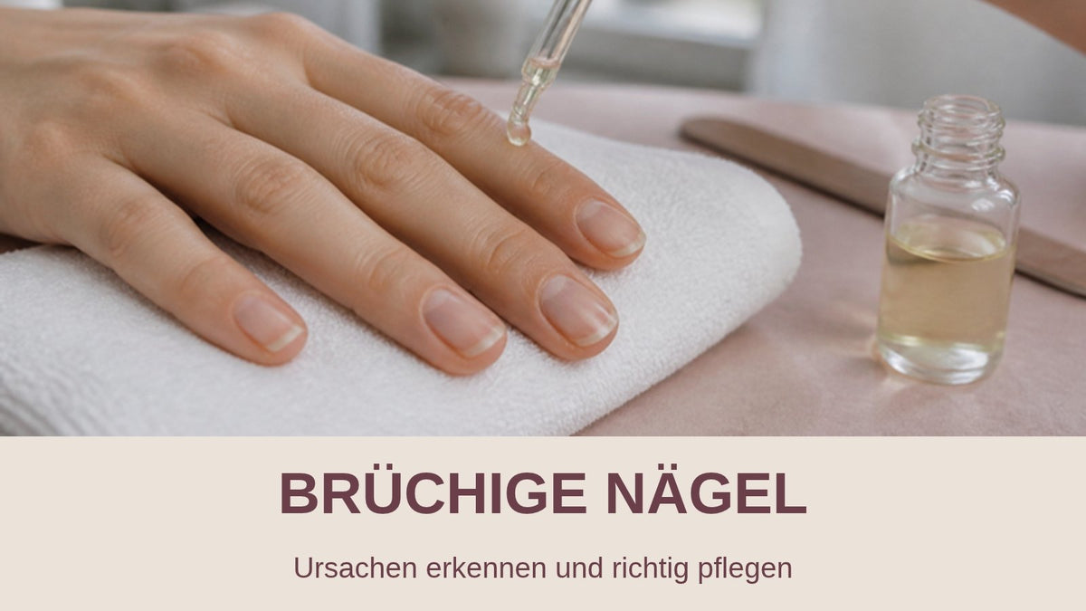 Brüchige Nägel pflegen: Nagelöl wird mit Pipette auf die Nagelhaut einer Hand auf weißem Handtuch getropft