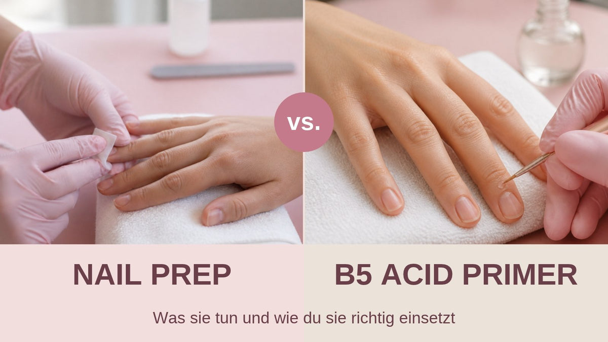 Unterschied Nail Prep und B5 Acid Primer: Nageldesignerin entfettet den Naturnagel und tupft Primer auf