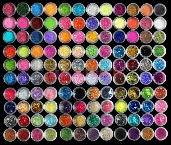 120 XXXL mixed tins of nail art, rhinestones/ threads, glitter, powder/ etc.