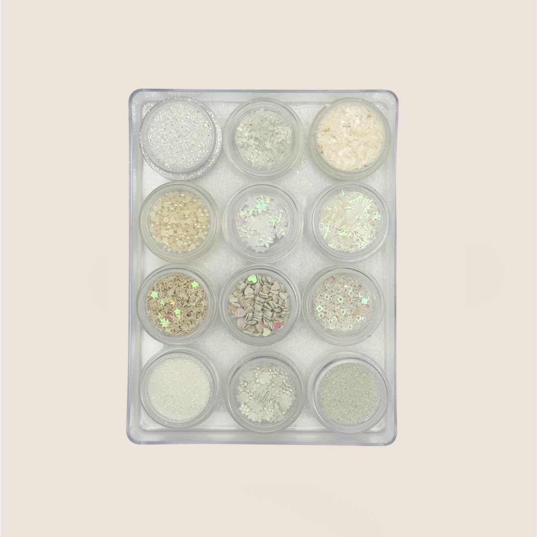 Nail accessories / 12 jars of glitter / pearls / stones / sequins / brocade / set white iridescent / No. 1