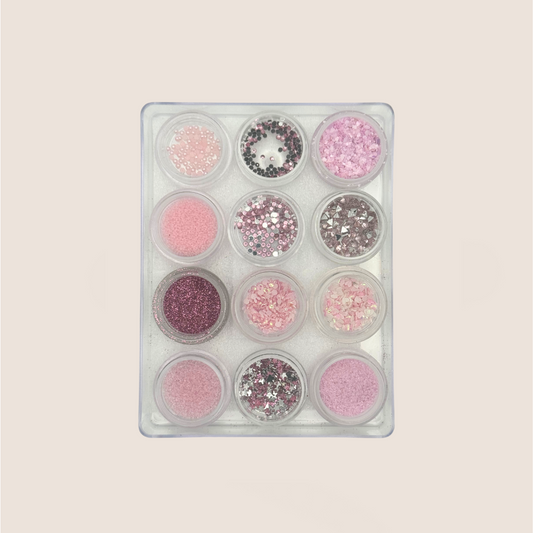 Nail accessories / 12 jars of glitter / pearls / stones / sequins / brocade / set baby pink / No. 6