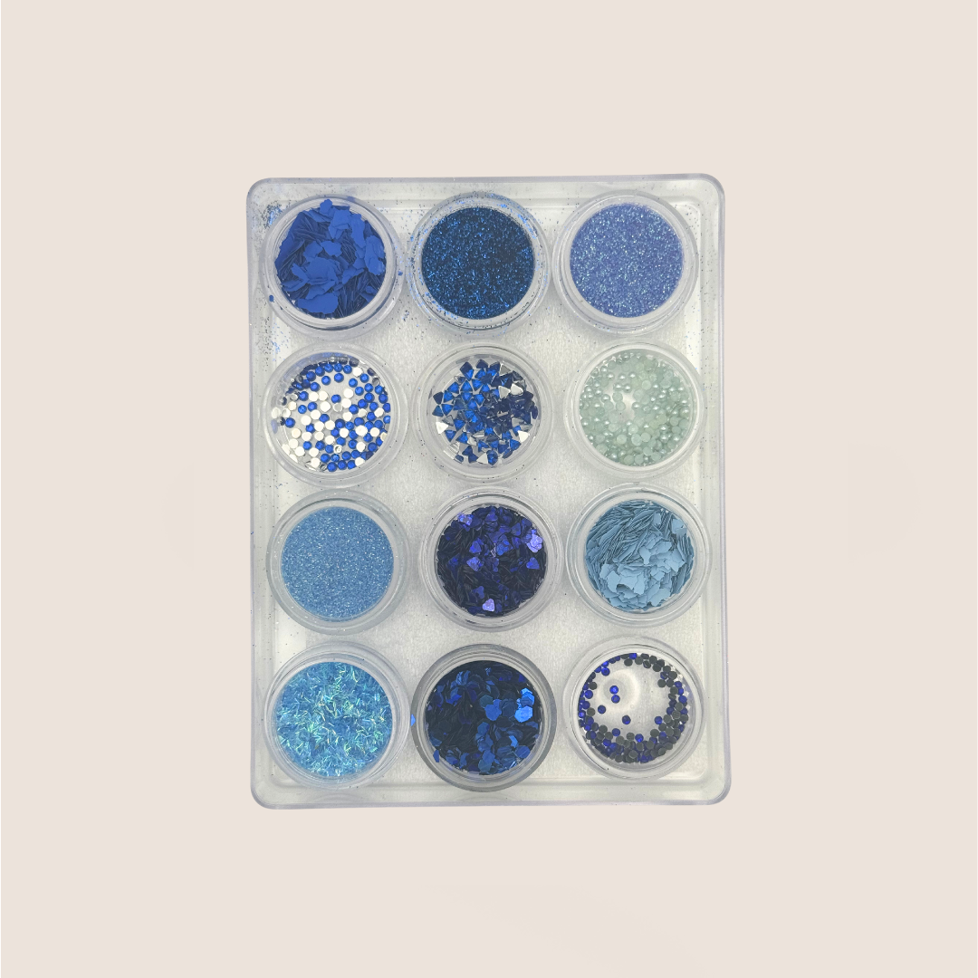 Accessories for the nails / 12 jars of glitter / pearls / stones / flakes / brocade / set blue-light blue / No. 10