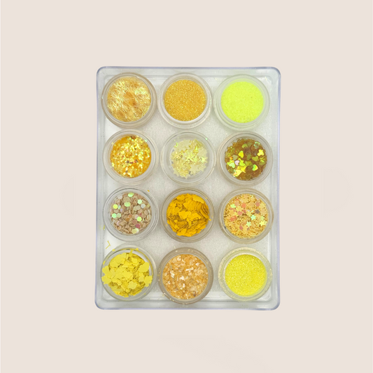 Accessories for the nails / 12 jars of glitter / pearls / stones / flakes / brocade / set yellow / No. 14