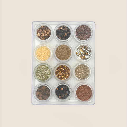 Accessories for the nails / 12 jars of glitter / pearls / stones / flakes / brocade / set copper - beige / No. 15