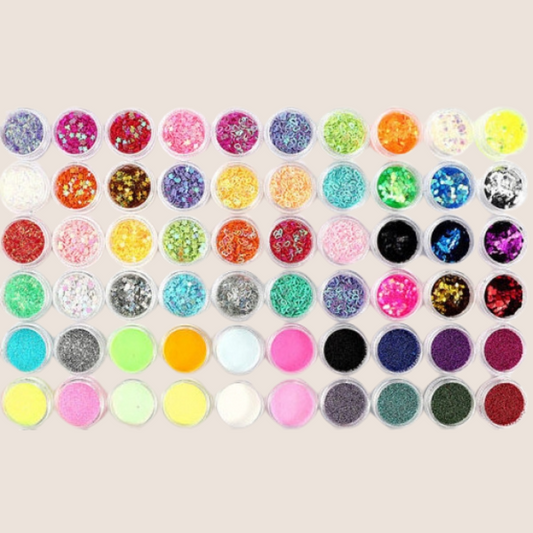 BNC XXL mixed tins of nail art, rhinestones, threads, glitter, powder etc. 60 pcs.