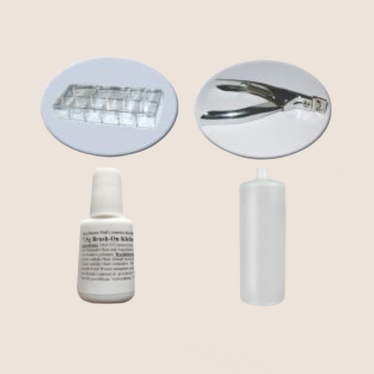 Set mit 500 Stiletto Fench  Tipbox, 1 Nail Cutter silber,  7,5g Brushkleber und 100 ml Cleaner